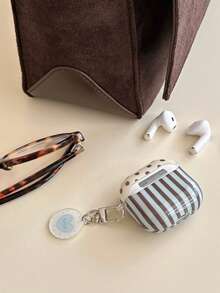 Ins Korean Style Blue & Brown Striped Polka Dot Protective Case For AirPods 4, Pro 2, New 3, Anti-Fall Wireless Bluetooth Earphones Case For Women - 彩色 - 查看 7