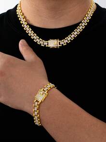 1 Set Trending European And American Minimalist Luxury Fully Iced Out Watch Chain, Bracelet + Necklace Set, Suitable For Men - Set - View 7