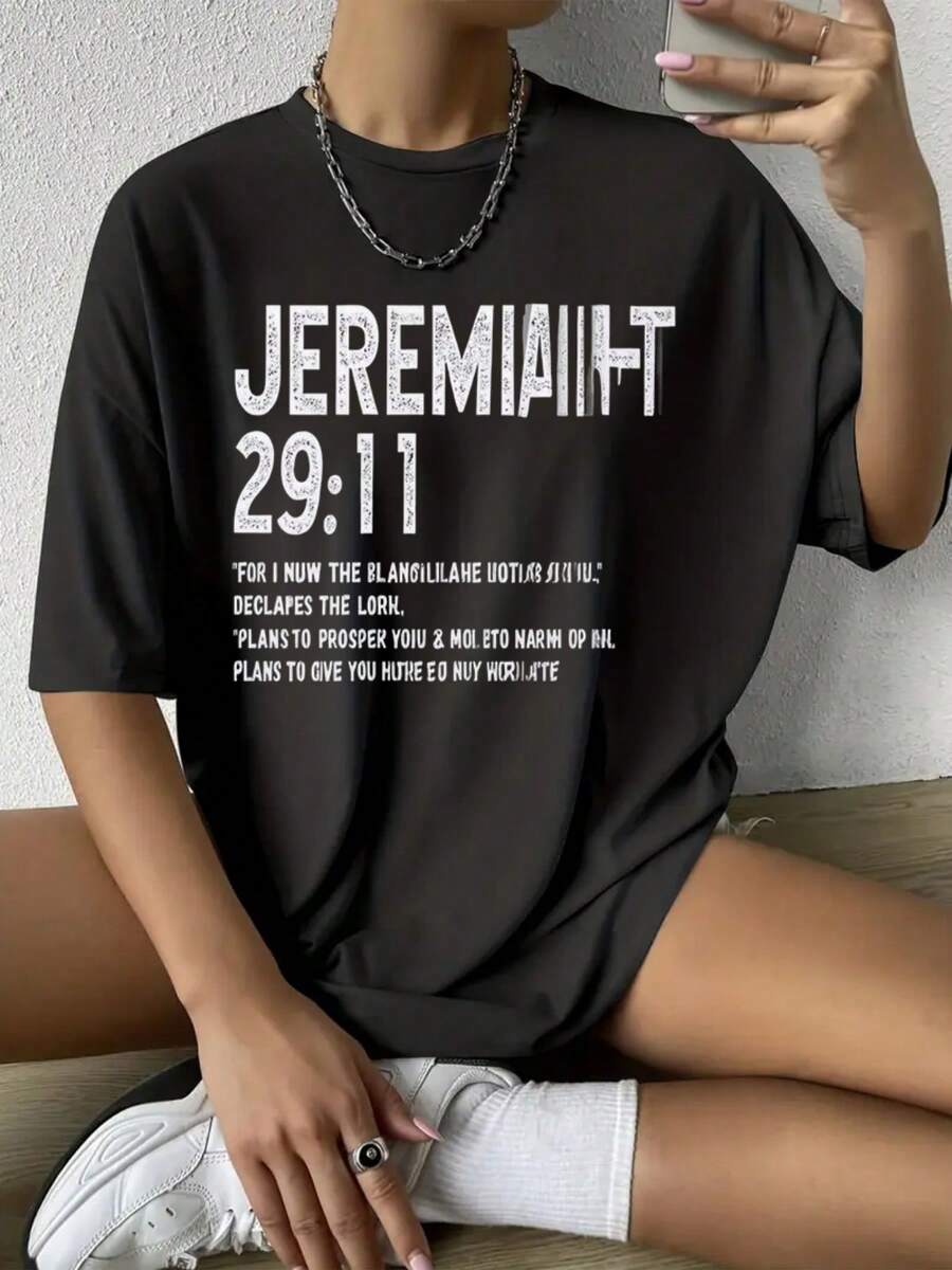 Camiseta Mujer "Jeremiah 29:11" Versículo Bíblico, 100% Algodón, 180g, Ideal para Uso Religioso y Estilo Inspirador, Moda Fe,playeras navideñas,blusas elegantes dama,blusas curvy mujer. - Negro - Ver 1