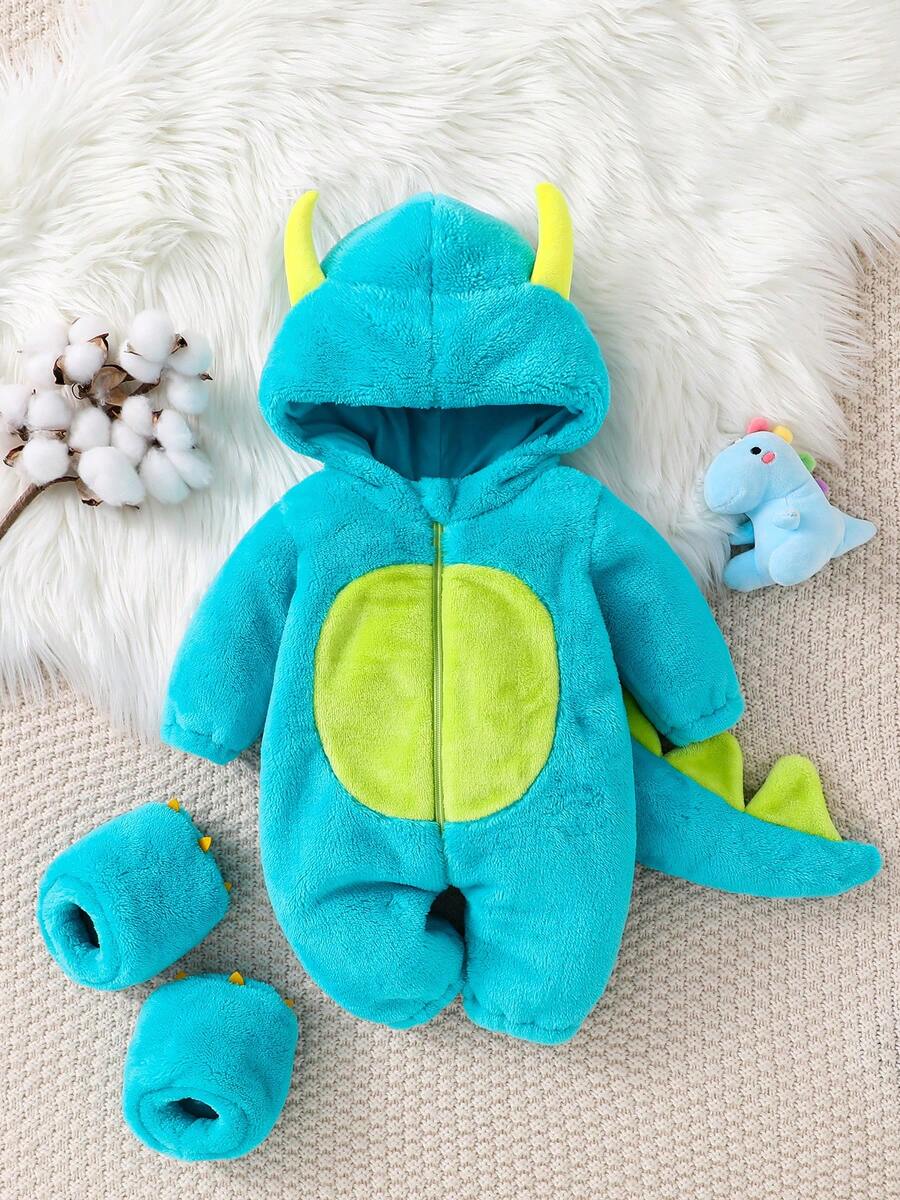 Autumn/Winter Baby Boy Fleece Jumpsuit Set, Cute Blue Monster Jumpsuit With Footies, Warm Newborn For Outdoor - Blue - View 1