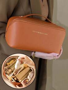 1pc Large Capacity Double-Layer Makeup Bag, Portable Travel Cosmetic Organizer, PU Leather Waterproof Makeup Case, Multi-Functional Toiletry Bag With Compartments, Travel Essentials, Cruise Essentials, Dorm Essentials, Gift For Friends And Family, Autumn Decor - Multicolor - View 9