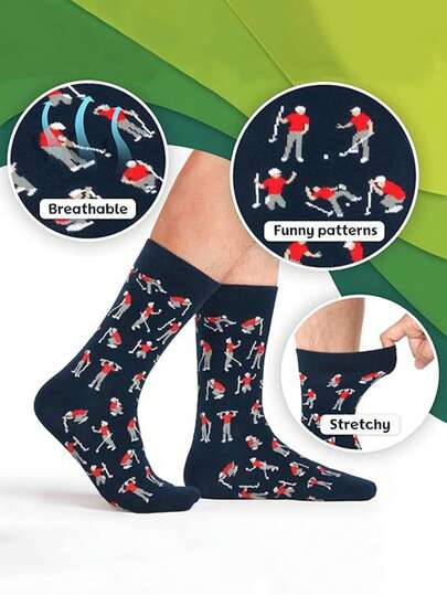 1 Pair Fashionable Personalized Jacquard Golf Themed Breathable Sports Socks, Golf Pattern Odor-Resistant Moisture-Wicking Men's Outdoor Sports Socks