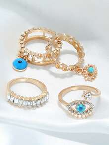 4pcs/Set Rhinestone Hollow Geometric Devil's Eye Rings Set, Suitable For Women's Daily And Party Wear, Gift, Autumn/Winter Women's Jewelry, Women's Accessories