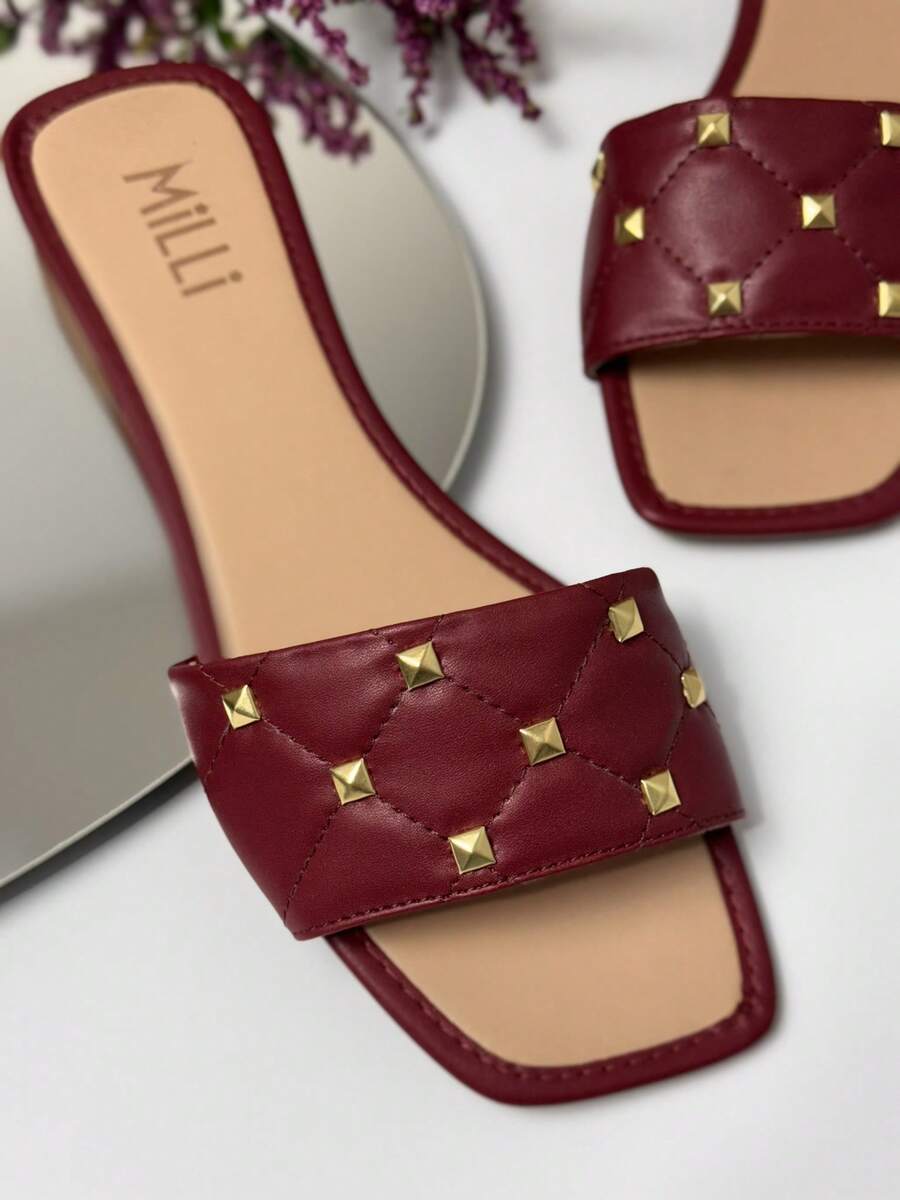 Renata Milli Milli Elegant Women's Flat Beach Sandals Elegant PU Appliques Spikes Studs Beach Summer - 紅木色 - 查看 1