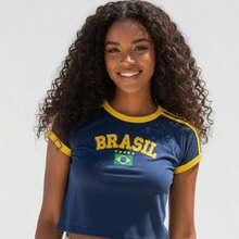 Retro Embroidered Brazilian Flag Crop Top - No State - Navy Blue - View 6