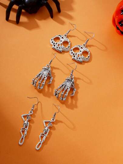 1 Pair Punk Silver Hollow Skull & Skeleton Hand & Skeleton Figure Decor Earrings Suitable For Unisex Halloween Party Wearing