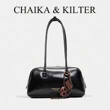 CHAIKA & KILTER 1pc Solid Color Glossy PU Material Shoulder Bag, Women's Fashion Large Capacity Shoulder Bowling Bag, Dual Handle Design With Zipper Closure, Suitable For Daily And Outdoor Use (Sold With Pendant) - Black - View 7