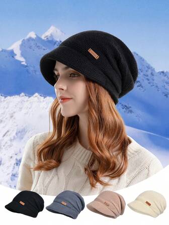 1pc Winter Warmth Fleece Pile Hat For Women, Outdoor Fashionable Beanie With Wide Brim, Ear Protection And Postpartum Use Casual