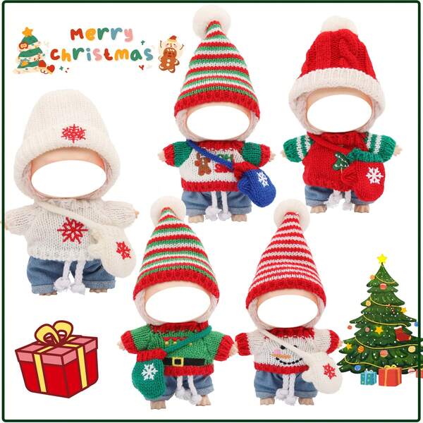 Conjunto de Gorro de Tricô, Suéter e Denim de Natal, Combinado com Luvas e Bolsa a Tiracolo. Para Labubu, Roupa de Feriado de Natal, Presente de Aniversário de Feriado (Excluindo Boneca de Pelúcia)