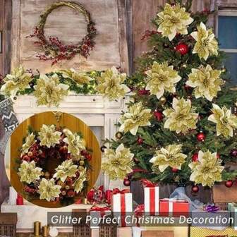 10pcs, Golden Artificial Poinsettia, Christmas Decorations, Merry Christmas Sparkling Poinsettia Christmas Decorations, Christmas Tree Flower Decoration, DIY Christmas Flowers With Clips, Holiday Party Decorations