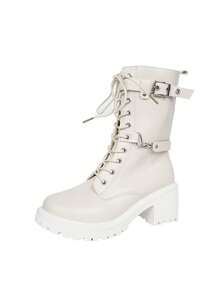 Botas Brancas Cano Médio da Moda Feminina, Novos Lançamentos Outono/Inverno 2025, Bico Redondo, Superfície de Couro, Cor Sólida, Salto Grosso, Estilo Punk Ocidental, Ilhós Metálico, Cadarço, Zíper Lateral, Fivela, Versátil para Uso Externo, Transporte, Uso Diário, Botas Pretas, Botas Femininas Plus Size, Festa