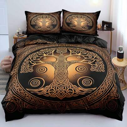 Conjunto de capa de edredom de microfibra com tema artístico místico, 2/3 peças, com padrão intrincado da Árvore da Vida Celta, impresso em 3D, para decoração boêmia e espaços de retiro espiritual (tamanho 135 x 200, apenas 1 fronha)