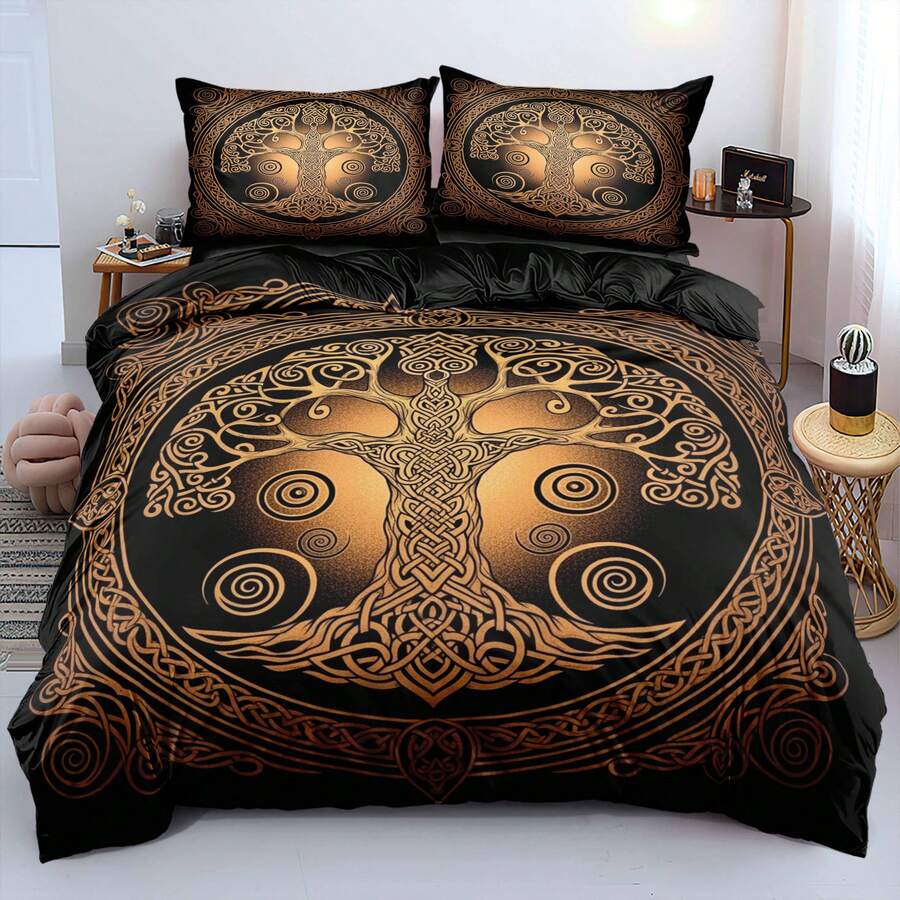 Conjunto de capa de edredom de microfibra com tema artístico místico, 2/3 peças, com padrão intrincado da Árvore da Vida Celta, impresso em 3D, para decoração boêmia e espaços de retiro espiritual (tamanho 135 x 200, apenas 1 fronha)