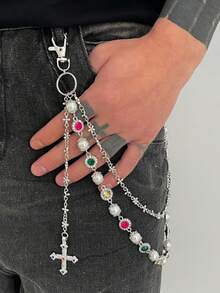 1pc Men's Retro Luxury Multi-Layer Rhinestone & Faux Pearl Pants Chain, For Pants Decoration Summer, School Autumn-Winter Accessories Halloween Costume,Suitable For Teens, Youth,Men,Casual, Outdoor, Athletic, Vacation, Graduation Gifts, Birthday, Daily Wear - Cross Pendant - Gold - View 8