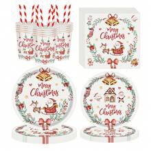 Un conjunto de 105 piezas de platos, servilletas, vasos, pajitas y decoraciones desechables con temática navideña, con un estilo fresco y lindo con patrones de fondo de campanas de Papá Noel. Este conjunto de vajilla desechable es adecuado para fiestas de Navidad, fiestas de cumpleaños y otras reuniones.