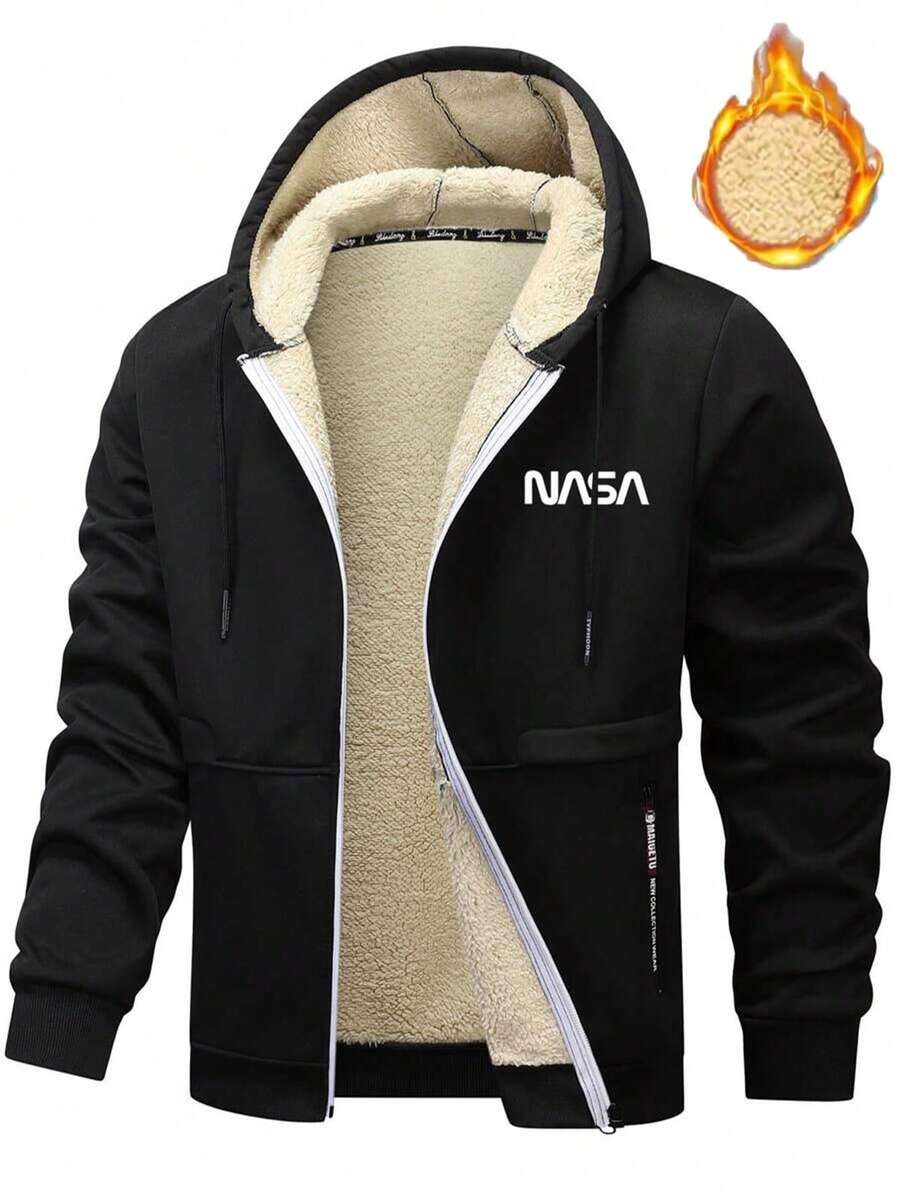 男士羊羔绒印花飞行员夹克，拉链连帽衫，加厚休闲百搭针织外套，适合运动和户外活动，男友风，男士冬季穿搭，男士夹克，优质面料，专为户外设计，男士必备外套，圣诞礼物，万圣节礼物，秋冬季 - 黑色 - 查看 1