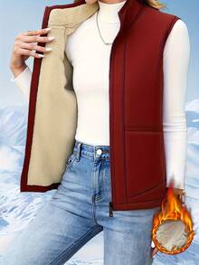 Chaleco reversible de mujer para otoño/invierno, con forro de borreguito, de doble cara y esponjoso, acolchado y engrosado, sin mangas, con cuello alto y abierto por delante. Una prenda exterior cálida y lista para capas, perfecta para looks diarios. - Rojo - Ver 1