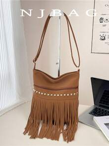 Large Capacity Fringed Rivet Decorated Envelope Bag, Fashionable American Style Crossbody Bag, Versatile Ins Shoulder Bag - Brown - View 13