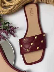 Renata Milli Milli Elegant Women's Flat Beach Sandals Elegant PU Appliques Spikes Studs Beach Summer - 紅木色 - 查看 3