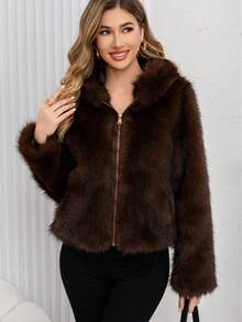 Women's Elegant Faux Fur Hooded Jacket, Warm Brown Long Sleeve Coat - Coffee Brown - View 9