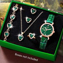 1 Set Ladies Watch Ladies Fashionable Casual Quartz Watch With Peach Shaped Dial And Heart Necklace Earrings Bracelet Rings Jewelry Set Perfect For Everyday Wear, Birthday Gifts, Parties, Holiday Gatherings, And As The Ideal Gift For Yourself Or Friends Boxes Not Included