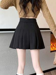 纽扣装饰羊毛百褶裙，高腰A字裙，秋冬学院风