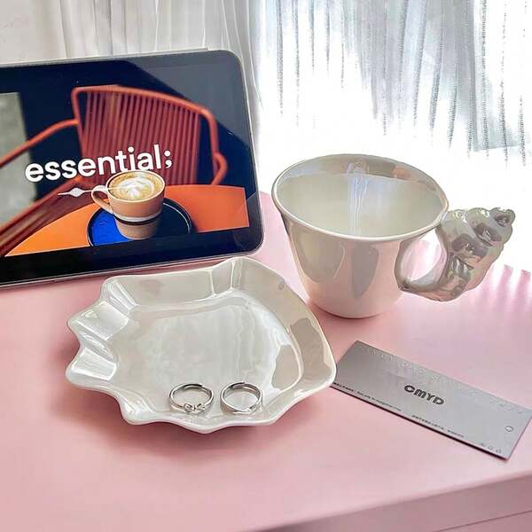 Juego de taza y platillo de café de cerámica, taza de té de la tarde de lujo europea con concha, taza de café con relieve de concha retro, taza para pareja, regalo de Navidad, Día de San Valentín, Halloween