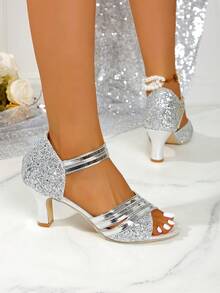 2025 Neue Pailletten-Oberteil glänzende & bequeme Damen High Heel Sandalen. Offene Zehenform. Modische Strandparty Damen High Heels. Silber High Heels. Gold High Heels. - Silber - Übersicht 8