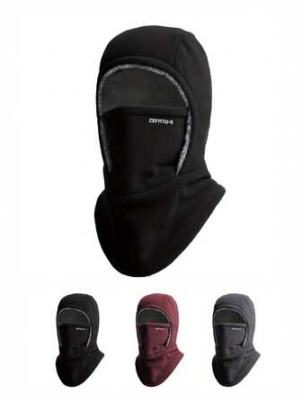 Conjunto de invierno de una sola pieza que consta de un pañuelo para la cabeza, una máscara tipo bufanda, un dispositivo de protección para los oídos, un pasamontañas, hecho de material grueso, adecuado para ciclismo de invierno, correr, esquiar, pescar, actividades al aire libre y trabajo, aplicable tanto a hombres como a mujeres.