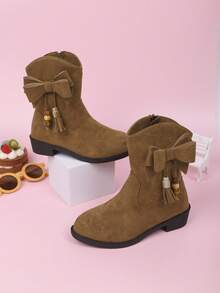 1 Paar Kinderstiefel, modische Stiefel bis zur Wade, seitlicher Reißverschluss mit Schleifen-Dekor Einfarbig Veloursleder, vielseitig für Mädchen Outdoor-Tragen im Herbst/Winter