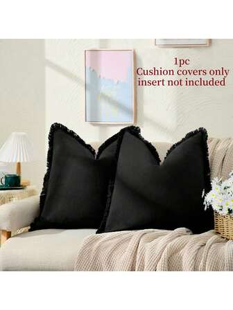 1pc Black (Without Pillow Insert) Tasseled Throw Pillow Cover, Farmhouse Style Soft Washed Fabric Decorative Cushion Cover With Fringe