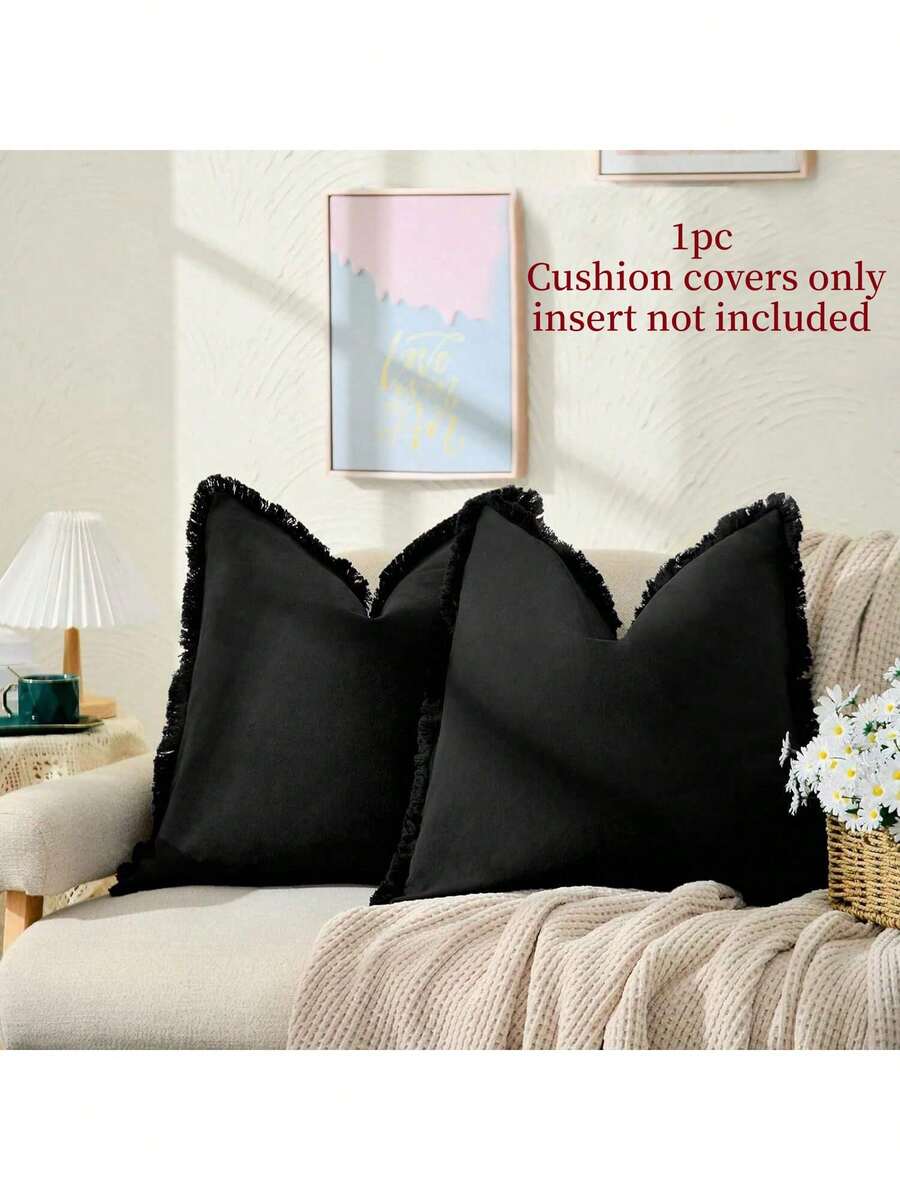 1pc Black (Without Pillow Insert) Tasseled Throw Pillow Cover, Farmhouse Style Soft Washed Fabric Decorative Cushion Cover With Fringe - Black - View 1