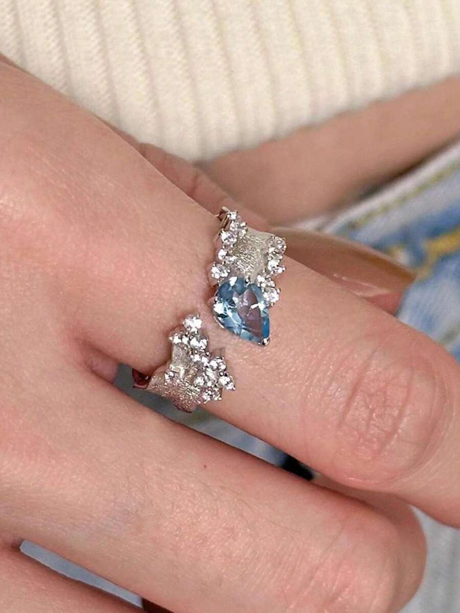 1pc Copper Open Adjustable Size Teardrop Shaped Synthetic Zirconia High-End Elegant Exquisite Luxury Index Finger Ring Vintage Palace Style Brushed Finish Valentine's Day Gift, Birthday Gift - Silver - View 1