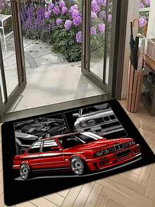 1pc New Red, Black And Gray Car Pattern Doormat, Christmas Gift, Suitable For Living Room, Bedroom, Indoor - Machine Washable - Flannel Material, Delicate Wrap, Skin-Friendly, No Pilling, Slightly Water-Resistant Easy Care, Odorless - Ideal For Home Decor, Room Decor, Living Room Carpet, Bedroom Carpet, Bathroom Carpet
