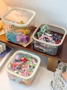 صندوق تخزين ملحقات الشعر على المكتب مع غطاء، صندوق مجوهرات، منظم ربطات الشعر والكليبسات للأطفال، رف شفاف بتصميم بسيط