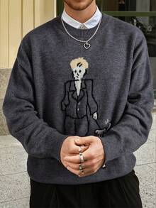 男士休闲宽松狗狗图案印花圆领毛衣，街头风，宽松版型，百搭，适合春、秋、冬三季，长袖上衣 - 灰色 - 查看 2