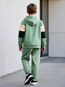 2pcs Boys Thickened Long Sleeve Hoodie Sweatshirt And Loose Fit Sweatpants Set, Grey Green, Casual Sports Outfit For Teenage Boys, Autumn/Winter - 綠色 - 查看 3