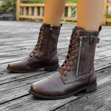 1 Pair Classic Fashion Lace-Up Metal Eyelets Side Zipper Women Plus Size Mid-Calf Boots, Suitable For Campus & Outdoor