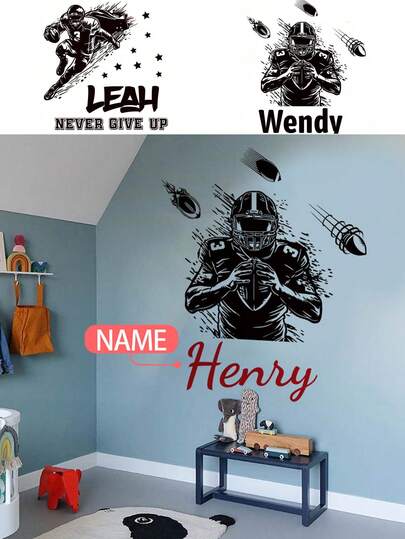1 Stück - 120*30CM, individuelle Wandaufkleber, anpassbarer Name, [Rugby Spieler] - PVC selbstklebende abnehmbare Wandaufkleber für Kinderzimmer, Spielzimmer oder Klassenzimmer - süße und kreative Wanddekoration für jeden Raum