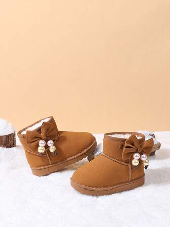 1 Pair 2025 Winter New Winter Shoes, Snow Boots, Anti-Slip Waterproof Warm Shoes, Handmade Pearl Bow Design, Suitable For Boys And Girls, Slip-On