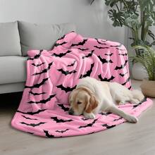 Schwarze Fledermaus-Drucken Decke mit rosa Basis - Hergestellt aus gestricktem Polyesterfleece, moderner Digitaldruck, Cartoon-Motiv, gemütliche Heimdekoration Tagesdecke für alle Jahreszeiten, maschinenwaschbar