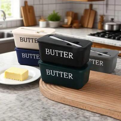 1 pieza Juego de plato para mantequilla de plástico, recipiente para mantequilla de gran capacidad con tapa y cuchillo, material: plástico PP, apto para uso doméstico, hotel, hornear, refrigerador y almacenamiento en mostrador, plato para mantequilla para mostrador, artículos esenciales de cocina de hotel, utensilios de cocina modernos, artículo de cocina duradero