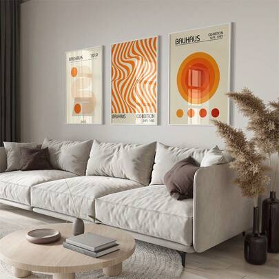 1幅无框包豪斯风格橙色艺术版画，极简复古墙饰，包豪斯展览海报，中世纪可打印艺术品，现代几何墙挂