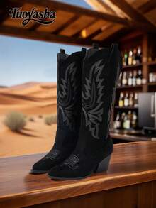 秋冬新款时尚百搭仿麂皮尖头粗跟高筒靴，刺绣西部风格骑马靴，适合度假、西部风情、音乐节、万圣节、圣诞节等场合，牛仔靴