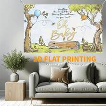 Fondo de fotografía de poliéster 2D, fondo de dibujos animados de oso de acuarela vintage lindo, abeja cielo azul árbol verde decoración de fiesta de cumpleaños, fondo, regalo ducha decoración horizontal banner decoración cabina de fotos