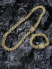 1 Set Trending European And American Minimalist Luxury Fully Iced Out Watch Chain, Bracelet + Necklace Set, Suitable For Men - Set - View 3