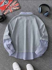 Camisa polo de hombre con parches a rayas, adecuada para primavera y otoño - Gris Claro - Ver 2
