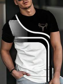 男士撞色条纹鹿图案短袖圆领T恤，休闲时尚，100%涤纶面料，触感顺滑，舒适透气，轻盈弹力，适合夏季穿着。 - 彩色 - 查看 2