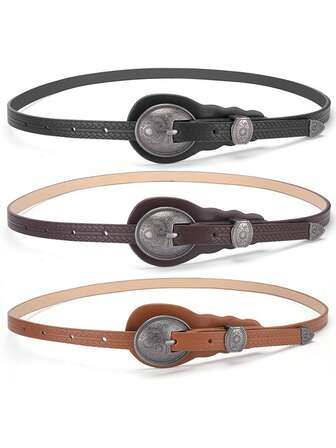 1pc Women's Carved Waist Belt, Versatile Boho Chic Mini Leather Belt