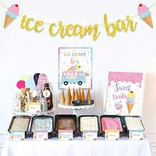 DIce Cream Bar Decor Kit Summer Ice Cream Sundae Bar Glitter Banner Ice Cream Table Sign Food Labels Tents Cup Tag Sticker For Ice Cream Theme Baby Bridal Shower Bday Wedding Graduation Party Plies10 - 粉紅白 - 查看 5